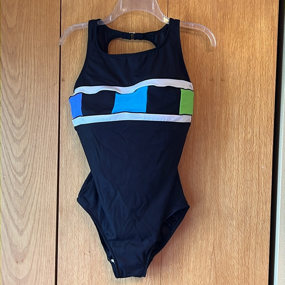 Longitude size 14 black high cut color block neon halter one piece maillot VGUC
